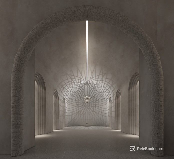 Sacred Spiritual Space With Arched Doorways Gray Toned Central Installation For Prayer 3d model 