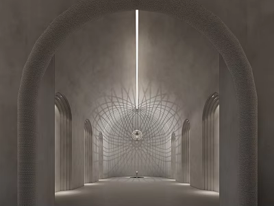 Sacred Spiritual Space With Arched Doorways Gray Toned Central Installation For Prayer 3d model