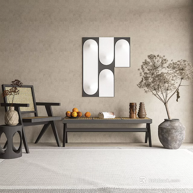 Modern Rattan Accent Chair in Living Room with Wall Art and Greenery Decor 3d model 