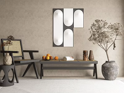 Modern Rattan Accent Chair in Living Room with Wall Art and Greenery Decor 3d model