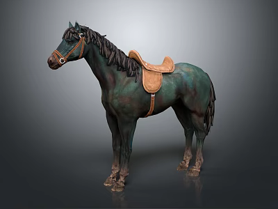 Detailed Dark Green Horse Sculpture with Black Mane Brown Saddle on Gray Background 3d model