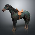 Detailed Dark Green Horse Sculpture with Black Mane Brown Saddle on Gray Background