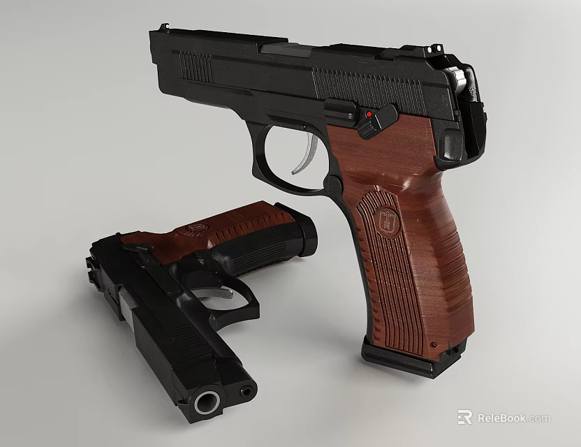 Pistol With Black Frame Wooden Grip And Disassembled Parts On White Background 3d model 