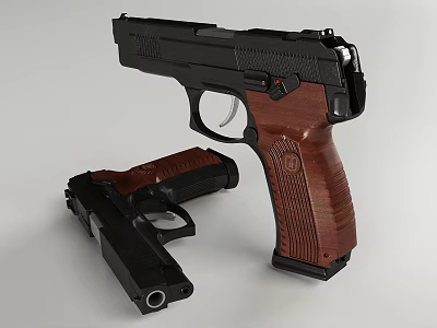 Pistol With Black Frame Wooden Grip And Disassembled Parts On White Background 3d model