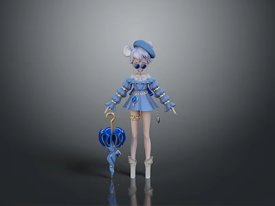 Elegant 3D Fantasy Character In Blue Outfit With Hat And Umbrella 3d model