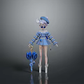 Elegant 3D Fantasy Character In Blue Outfit With Hat And Umbrella