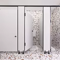 Public Restroom Interior Design With Tiled Walls Stalls Sink And Toilet Brush