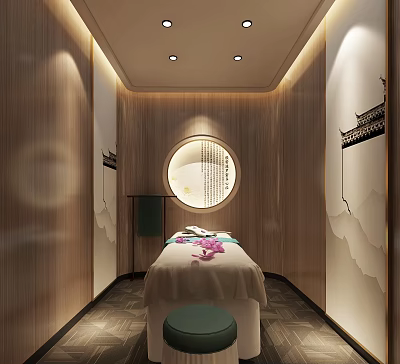Serene SPA Sauna Room With Wooden Walls Massage Bed And Circular Decorative Art 3d model