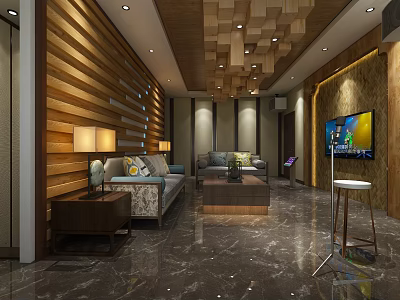 Modern KTV Lounge Interior With Sofa Coffee Table TV Wooden Wall And Chandelier 3d model
