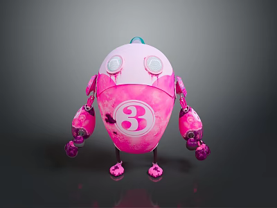 Pink Robot Game Movie Character With Large Eyes Number 3 And Cute Design 3d model