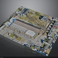 Aerial View 3D Model Community Buildings With Large Rectangular Structure Small Houses Roads Green Spaces