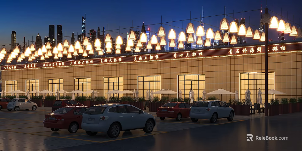 Commercial Street Night View With Hanging Illuminated Lanterns Modern Facade And Parked Cars 3d model 