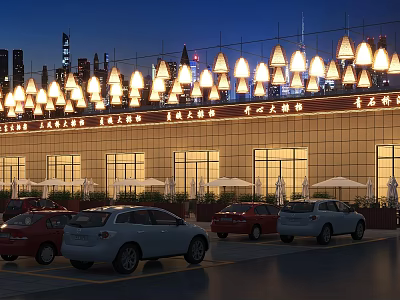 Commercial Street Night View With Hanging Illuminated Lanterns Modern Facade And Parked Cars 3d model