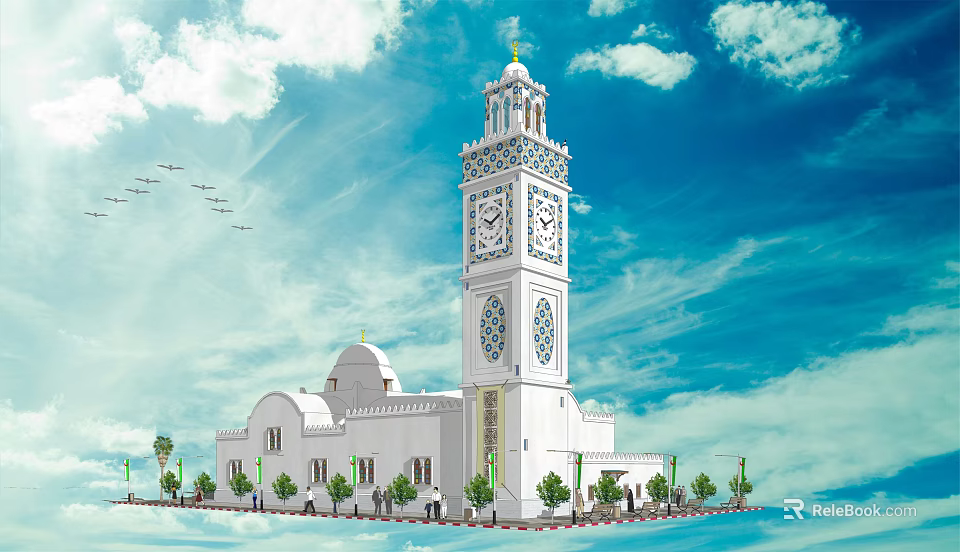 Ancient White Architecture with Clock Tower Dome and Trees Under Blue Sky White Clouds 3d model 