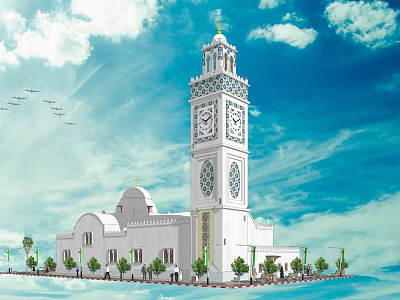 Ancient White Architecture with Clock Tower Dome and Trees Under Blue Sky White Clouds 3d model