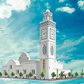Ancient White Architecture with Clock Tower Dome and Trees Under Blue Sky White Clouds 3d model