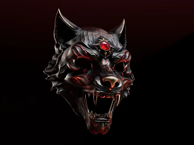 Wolf Head Decorative Ornament Set With Red Gemstone And Metallic Texture 3d model