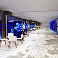 Contemporary Conference Stage With Large Screen Podium Blue Backdrop And Audience Seats
