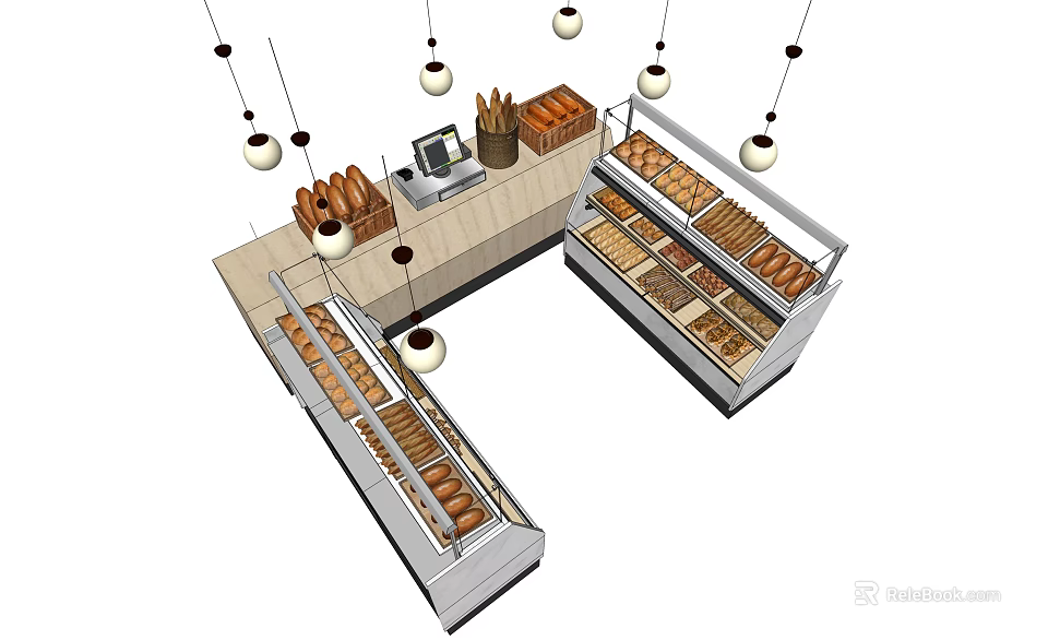 Bakery Display Shelves with Multiple Bread Arrangement and Hanging Pendant Lights 3d model 