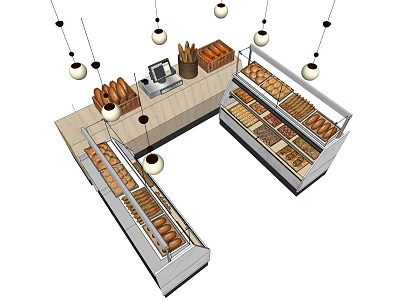 Bakery Display Shelves with Multiple Bread Arrangement and Hanging Pendant Lights 3d model