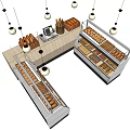 Bakery Display Shelves with Multiple Bread Arrangement and Hanging Pendant Lights
