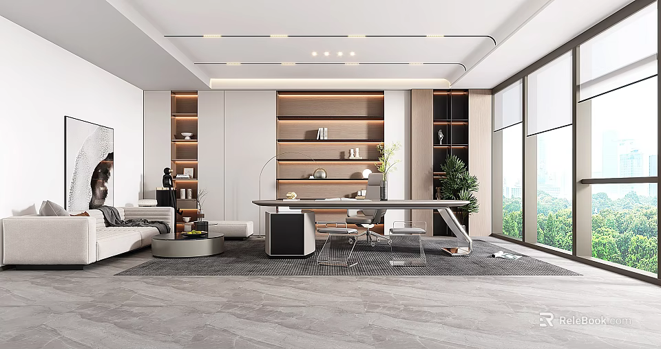 Modern Office Interior Design With Open Layout Desk Bookshelves And Green Plants 3d model 