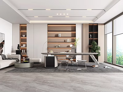 Modern Office Interior Design With Open Layout Desk Bookshelves And Green Plants 3d model