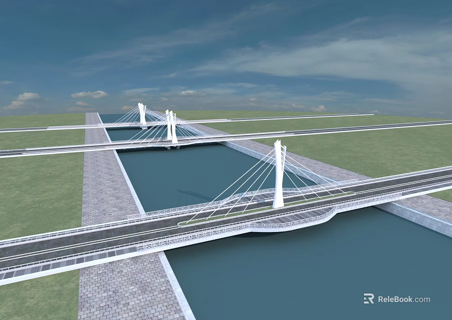 Modern Cable Stayed Bridge With White Towers Over Water And Green Grass 3d model 