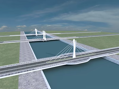Modern Cable Stayed Bridge With White Towers Over Water And Green Grass 3d model
