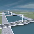 Modern Cable Stayed Bridge With White Towers Over Water And Green Grass