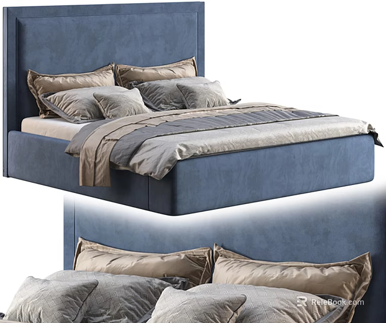 Modern Blue Velvet Double Bed With Beige Pillows And Gray Bedding 3d model 