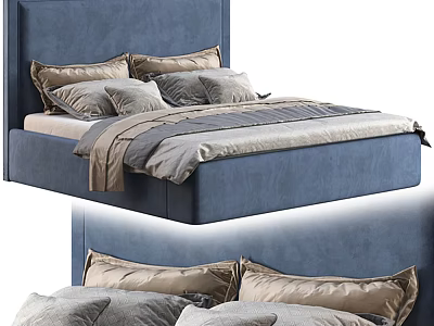 Modern Blue Velvet Double Bed With Beige Pillows And Gray Bedding 3d model