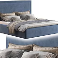 Modern Blue Velvet Double Bed With Beige Pillows And Gray Bedding