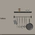 Organized Kitchen Wall With Black Hanging Rod And Cooking Utensils Frying Pan Spatula Ladle