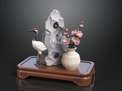 Traditional Ornament Decoration Set With Crane Stone Vase Pink Plum Blossoms On Wooden Base 3d model