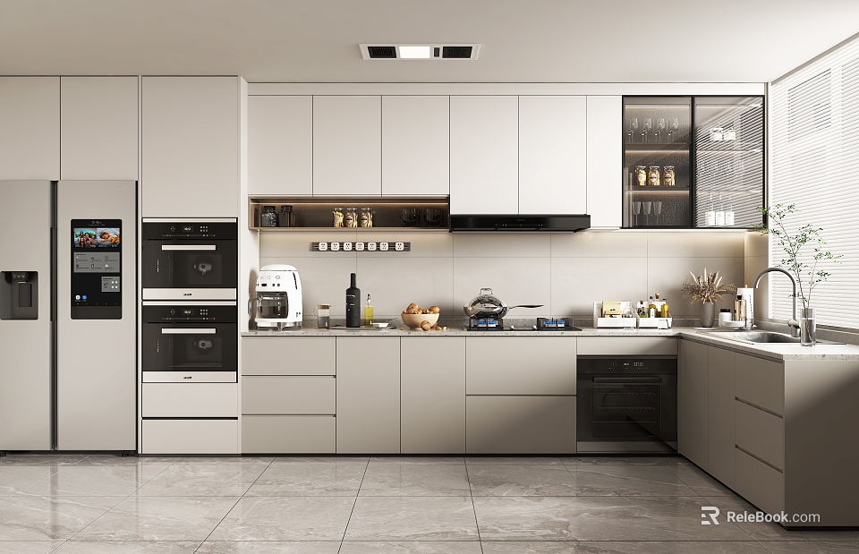 Modern Kitchen Interior With White Cabinets Built in Oven And Countertop Appliances 3d model 