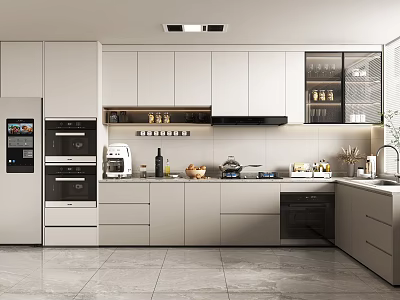 Modern Kitchen Interior With White Cabinets Built in Oven And Countertop Appliances 3d model