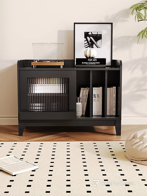 Black Hallway Cabinet Sideboard With Storage Open Shelves Decorative Items Books Vase 3d model 