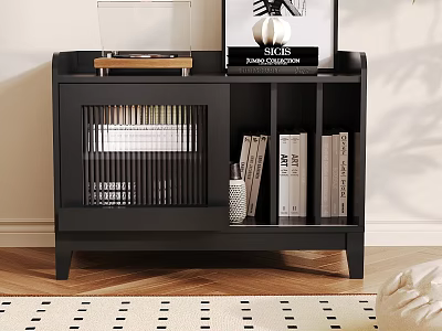 Black Hallway Cabinet Sideboard With Storage Open Shelves Decorative Items Books Vase 3d model
