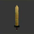 Golden Decorative Sword With Engraved Blade Red Gemstone Base And Gray Background