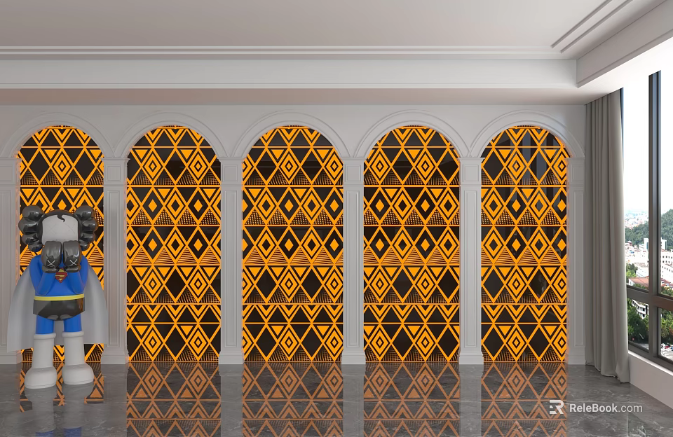 Decorative Background Wall with Arched Design and Yellow Black Geometric Patterns in Modern Interior 3d model