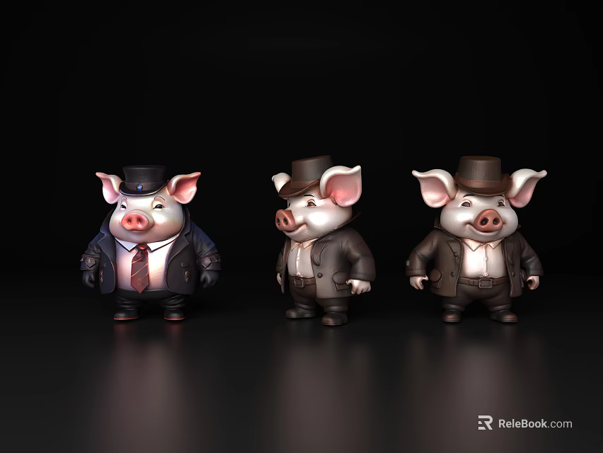 Three Cartoon Pig Figurines Dressed In Suits With Different Hats On Black Background 3d model 