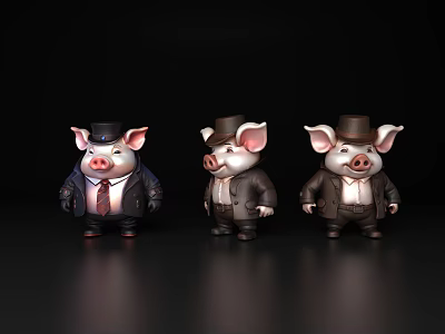 Three Cartoon Pig Figurines Dressed In Suits With Different Hats On Black Background 3d model
