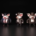 Three Cartoon Pig Figurines Dressed In Suits With Different Hats On Black Background