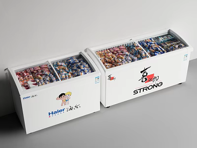Haier And STRONG Commercial Chest Freezers Filled With Assorted Snacks For Storage And 3d model