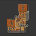 3D Model Of Multi Story Building With Pointed Roof Orange Brown Exterior And Stone Base