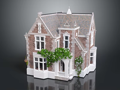 Cartoon Miniature House Scene With Brick Walls Grey Roof White Windows Green Vines And Steps 3d model
