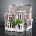 Cartoon Miniature House Scene With Brick Walls Grey Roof White Windows Green Vines And Steps