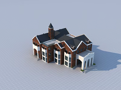 Red Brick Building With Black Roof Clock Tower White Trim And Porch 3d model