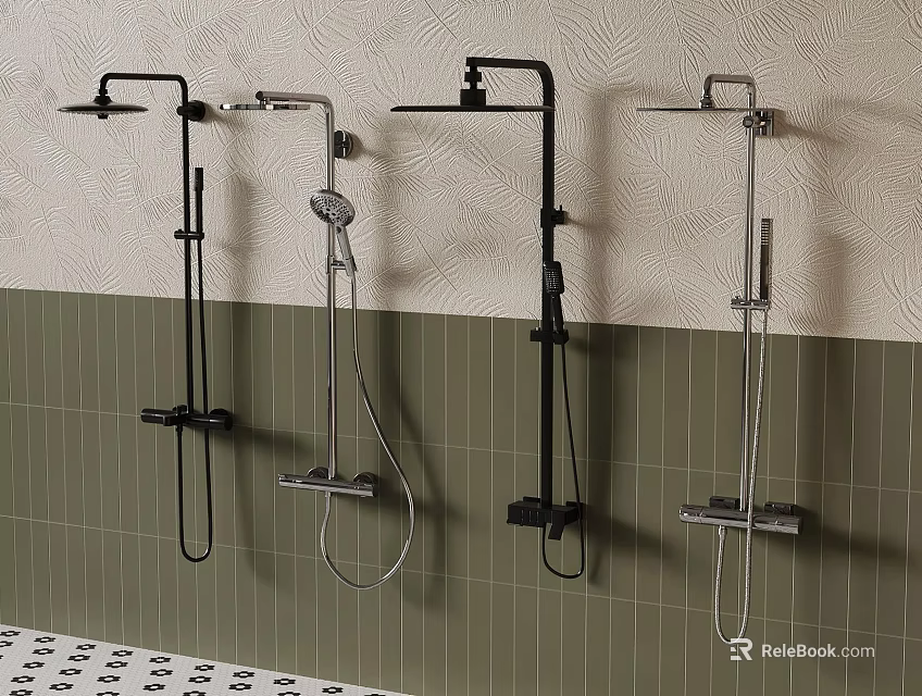 Wall Mounted Shower Heads In Different Styles On Green Tile Bathroom Wall 3d model 
